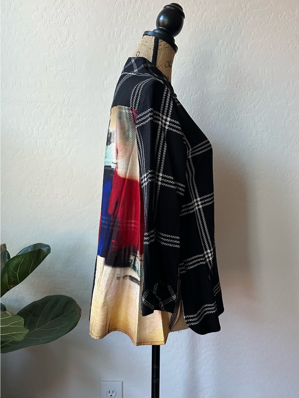 NWT Ali Miles Woven Abstract Multi Checked Stand Collar 3/4 Sleeve Tunic Size PM - Picture 4 of 8